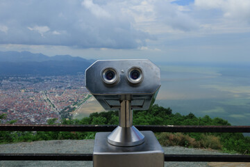 Observation deck and binoculars for viewing the sea and the city of Istanbul in a public place