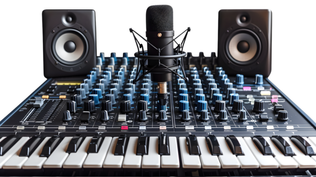 Music studio setup with microphone and mixing board, PNG file, transparent background, isolated on white