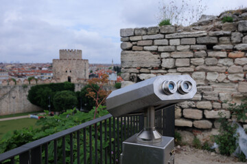 Observation deck and binoculars for viewing the sea and the city of Istanbul in a public place