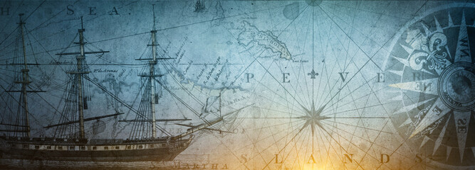 Old sailboat, compass and ancient  map historical background. A concept on the topic of sea...