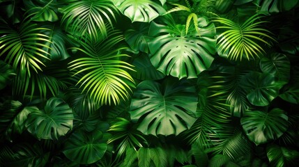 Lush green tropical leaves overlapping each other in a dense, Bali-style arrangement set against a vibrant green background.