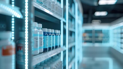 Closeup of a virtual storefront with interactive product displays, with space for text