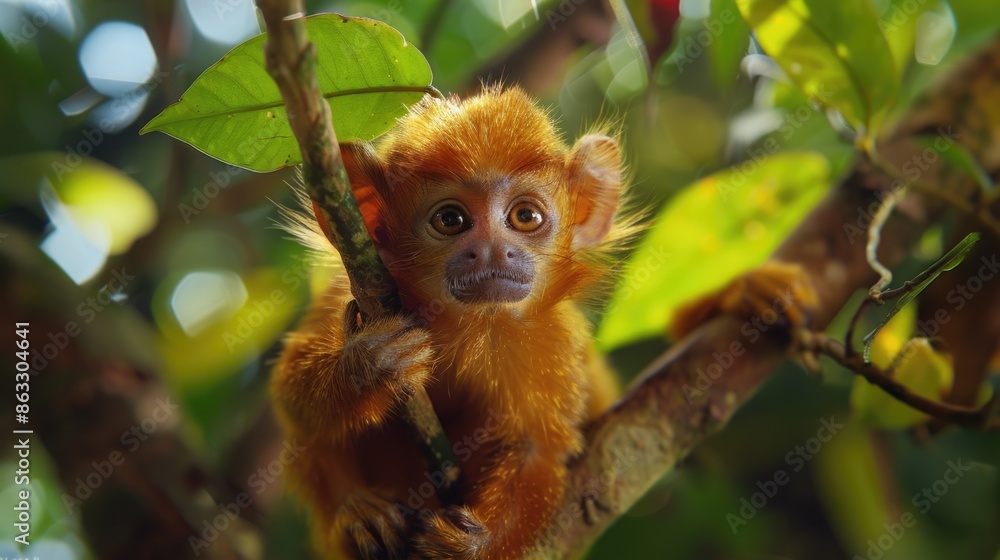 Poster a small monkey perched on a tree branch, looking around
