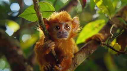 Fototapeta premium A small monkey perched on a tree branch, looking around