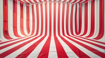 Obraz premium Circus tent background illustration with copy space , colorful design striped white and red retro entertainment carnival backdrop.