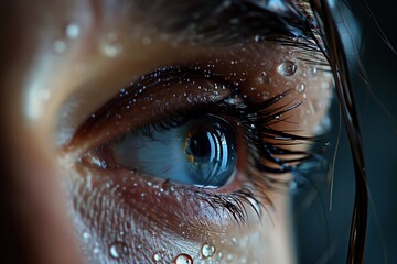 A woman's eye is wet and blurry. The water droplets on her face give the impression of a misty, dreamy atmosphere