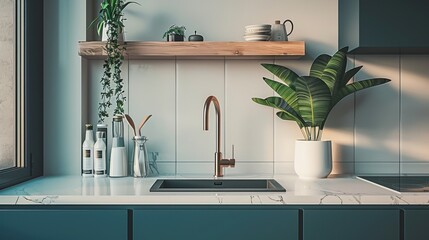 A light kitchen interior with a modern cooking space. Features include stylish shelving, plants, a sleek faucet, and minimalistic decor.
