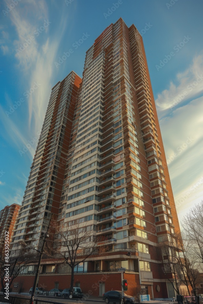 Poster A tall building with multiple windows and a clear blue sky in the background