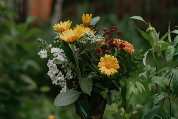 A vibrant bouquet of spring flowers featuring yellow daisies, white blossoms, and red blooms, surrounded by lush green foliage in a garden setting.