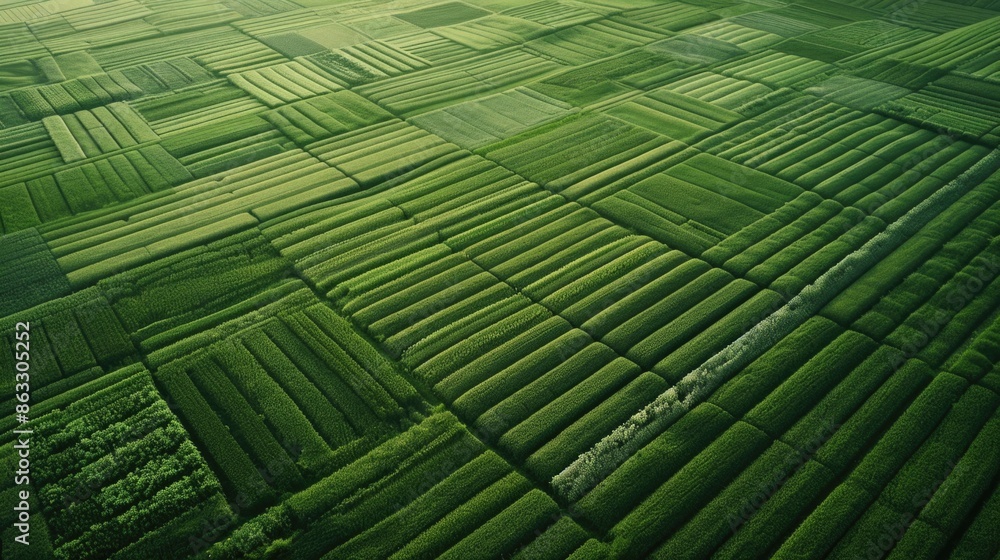 Poster aerial view of a field of crops, suitable for use in agricultural or environmental contexts