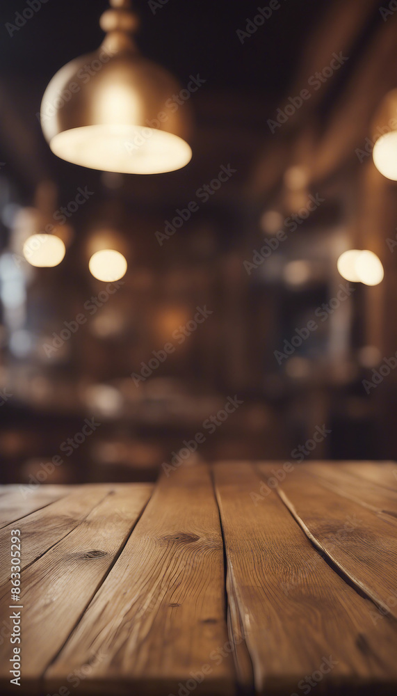 Poster empty wooden table rustic and blurred background of bar or pub for product display high quality phot