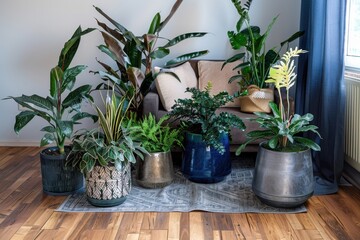 Fototapeta premium A modern contemporary loft with various indoor plants in stylish pots placed on a patterned rug, featuring a cozy beige sofa and wooden flooring.