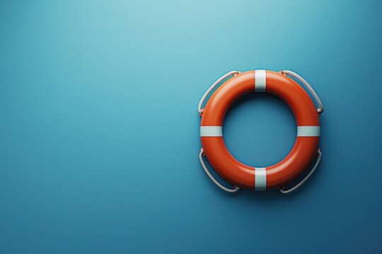 A single life preserver floating on a bright blue background, suitable for use in illustrations and designs related to water safety or emergency response