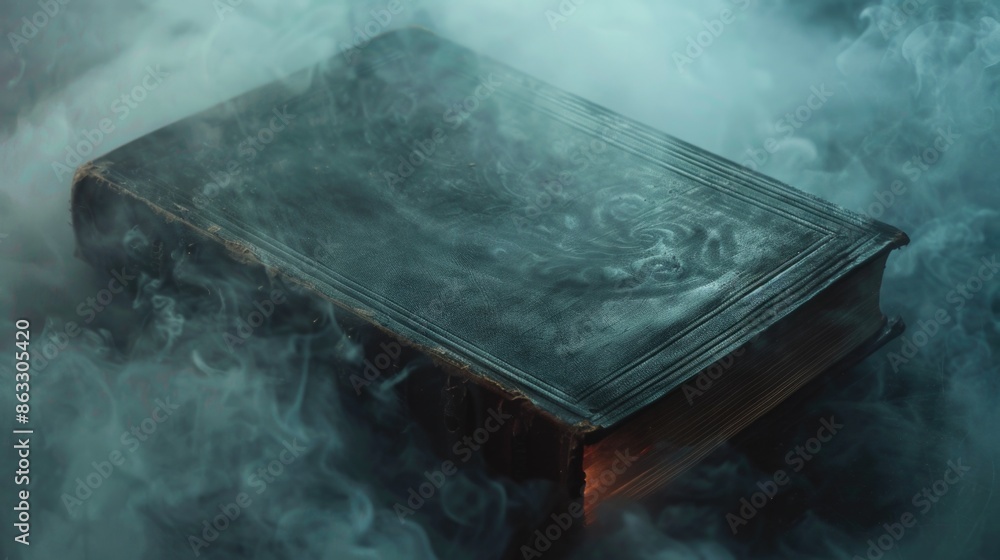 Poster a mysterious scene with a book surrounded by smoke on a wooden table