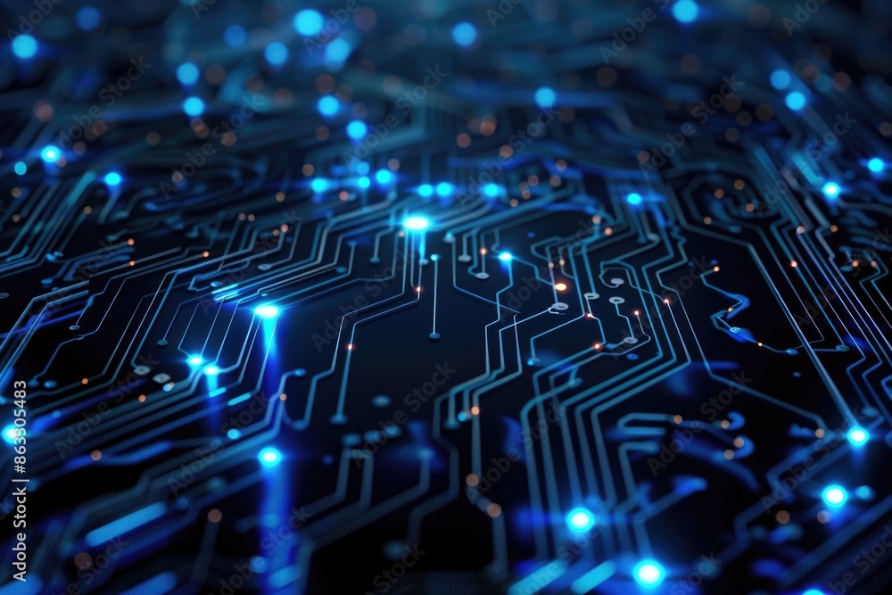 Poster A close-up view of a circuit board with blue LED lights, great for tech-related concepts and projects