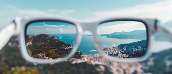 Closeup of augmented reality glasses overlaying travel information on a scenic view, with copy space