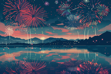 Colorful fireworks reflect over river in minimalist mid-20th century style. Bright bursts mirror on calm water, captivate viewers at festive, urban event scenes.
