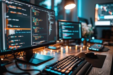 A computer desk with three monitors and a keyboard. The monitors are displaying code and the keyboard is black