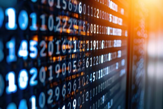 This image features a digital display of binary code in blue tones with warm light accenting. The abstract style blends elements of technology and data visualization.