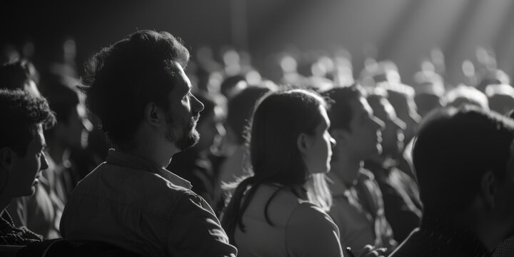 A group of people seated and attentive in front of a crowd, possibly at an event or presentation