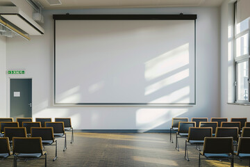 Modern conference room featuring an empty seating arrangement facing a large projection screen, illuminated by natural light.