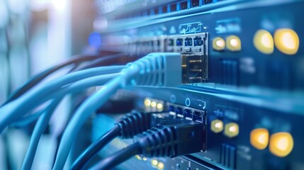Information Technology Computer Network, Telecommunication Ethernet Cables Connected to Internet Switch In Data Center