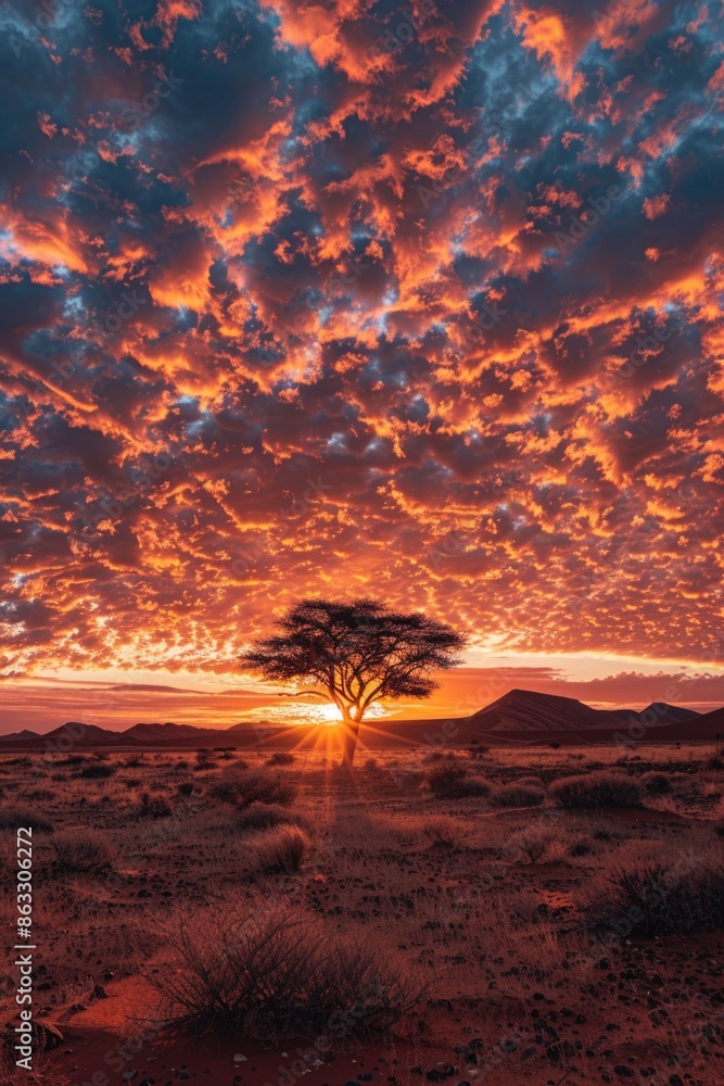 Poster a single tree standing alone in the vast desert landscape