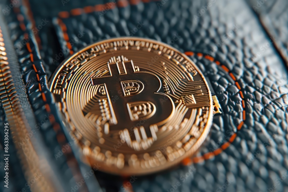 Poster detailed view of a futuristic cryptocurrency wallet displaying a bitcoin balance, with ample copy sp
