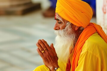 A man with a beard and a turban is praying. He is wearing a yellow shirt and a gold ring on his finger