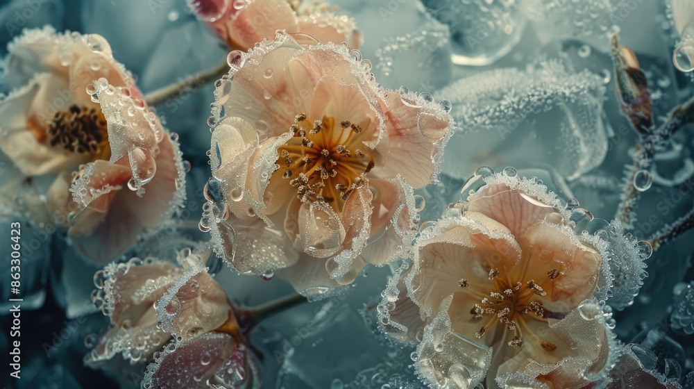 Poster A close-up shot of a bouquet of flowers submerged in water, perfect for use in a conceptual or abstract context