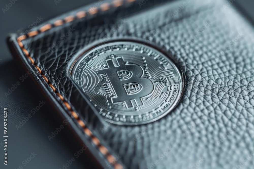 Poster detailed view of a futuristic cryptocurrency wallet displaying a bitcoin balance, with ample copy sp