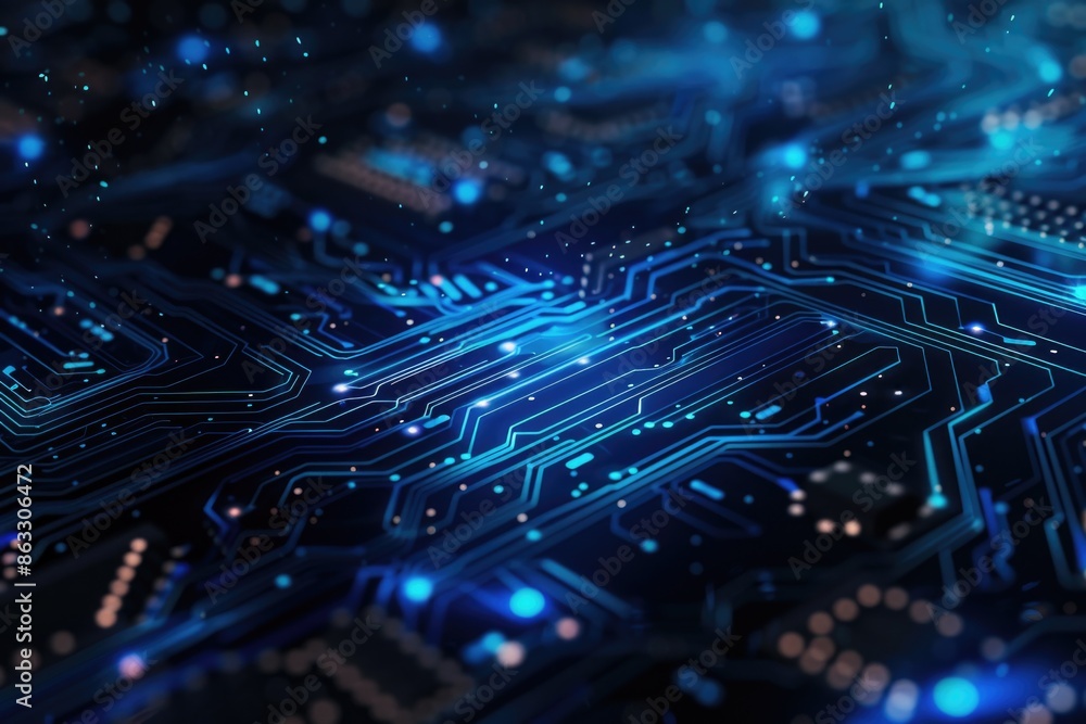 Poster Close up shot of a computer circuit board with various electronic components and wires