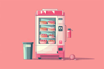 Illustration of American pie vending machine. Colorful pies displayed inside with minimalist design. Rubbish can, fire extinguisher nearby in stylized setup.