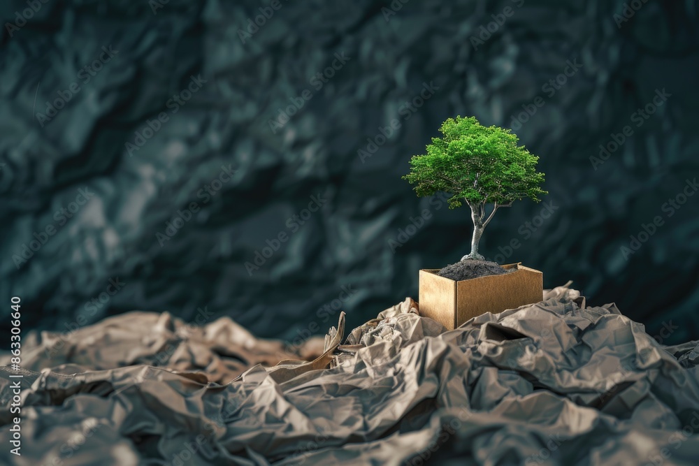 Poster a small tree sits atop a pile of crumpled paper, suggesting a creative or intellectual workspace