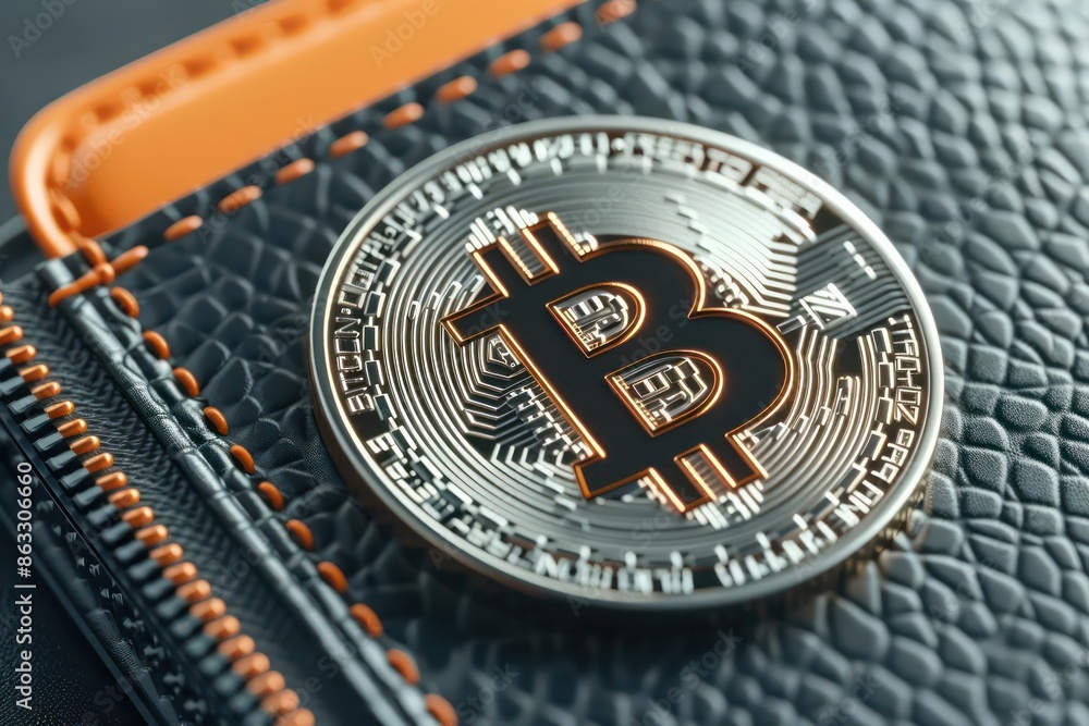 Poster detailed view of a futuristic cryptocurrency wallet displaying a bitcoin balance, with ample copy sp