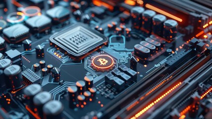 Detailed view of a futuristic mining rig processing Bitcoin transactions, with copy space
