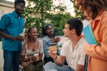 Diverse cheerful students with coffee chatting during a break at campus
