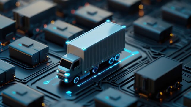 Detailed view of a futuristic logistics system tracking online orders, with copy space