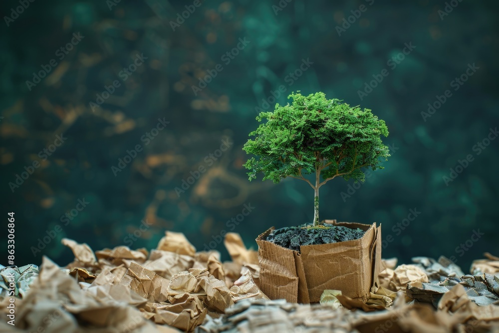 Poster a small tree wrapped in a brown paper bag, great for representing simplicity or minimalism