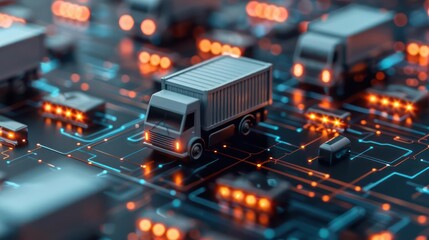 Detailed view of a futuristic logistics system tracking online orders, with copy space