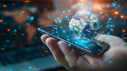 Mobile global internet communications. World wide web on phone via wireless satellite network technology. Smartphone digital connection at clouds services of all earth. Holographic abstract interface
