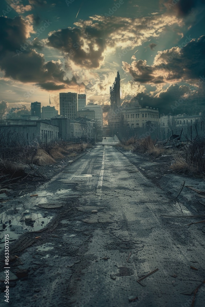 Poster a clock tower stands tall in the background of a dirty and worn-out road
