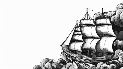 A hand-drawn, retro-style sketch of a pirate ship with billowing sails navigating through turbulent waves. © neatlynatly