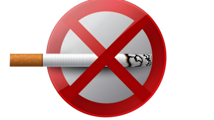 No smoking sign with cigarette icon placed on white, PNG file, transparent background