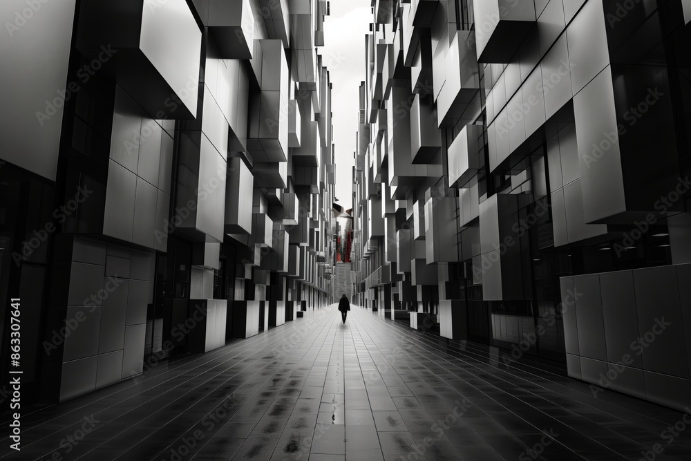 Poster a man walks down a long, narrow hallway with many windows. the hallway is empty and the man is the o