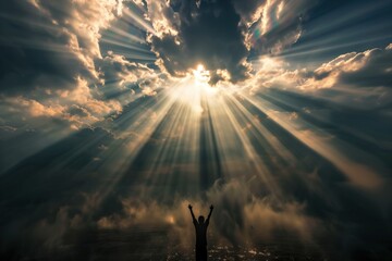 A person is standing in the clouds, with the sun shining down on them. Concept of hope and positivity, as the person appears to be reaching for the sun
