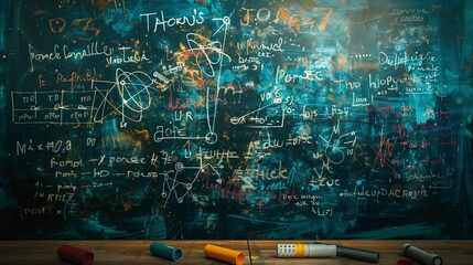 Operations and formulas of quantum physics handwritten with a chalk on the blackboard