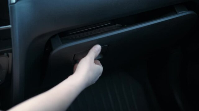 Hands by compartment box in auto. A view of lady driver hands use compartment box inside.