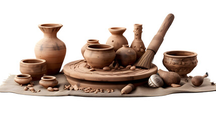 Pottery enthusiasts setup with pottery wheel and clay, PNG file, transparent background, isolated on white