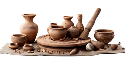 Pottery enthusiasts setup with pottery wheel and clay, PNG file, transparent background, isolated on white